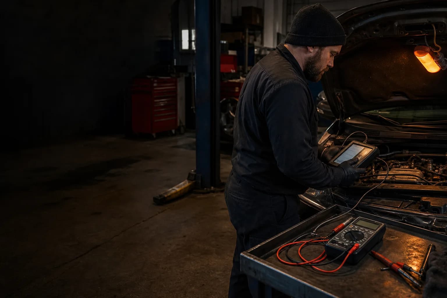 Automotive technician using diagnostic equipment in an independent service bay